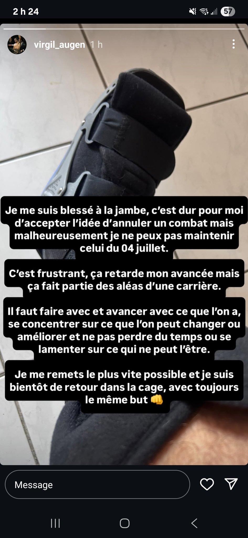 Virgil Augen contraint de déclarer forfait pour l’ARES 33 à cause d’une blessure à la jambe Virgil Augen contraint de déclarer forfait pour l’ARES 33 à cause d’une blessure à la jambe