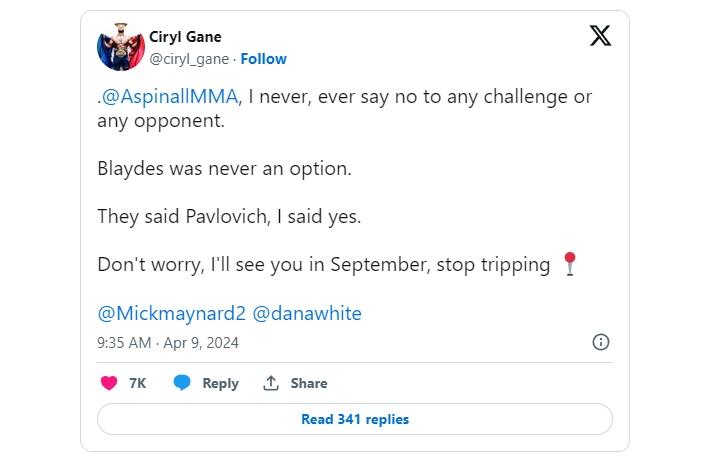 La star des poids lourds de l'UFC, Ciryl Gane, a répondu aux accusations de Tom Aspinall